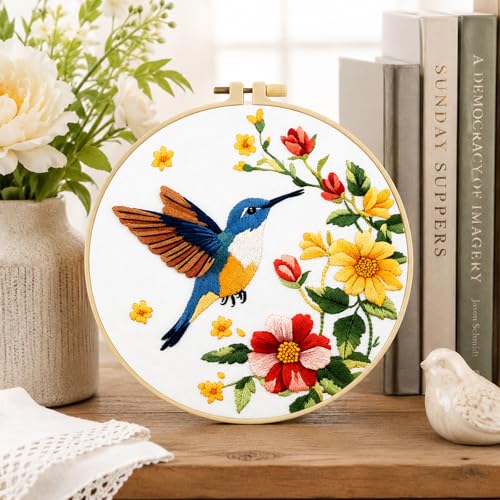HRTHRT 3 Pack Embroidery Kit for Beginners, Hummingbird Floral DIY Set