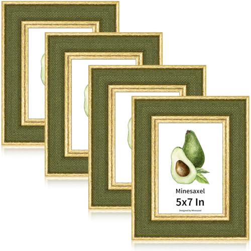 5x7 Picture Frame - Green Fabric & Vintage Gold Border HD Real Glass with Easel for Tabletop/Wall (Family Photos, Cabin Decor 4 Pack) - color: Green-4pcs, size: 5x7