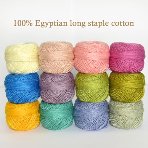 Double Mercerized Egyptian Long Staple Cotton Pearl Thread Ball 10 Grams Rainbow Color 12 Colors per Box for Crochet Hardanger Kniting Hand Sewing,Warm Earth PastelPalette - color: Warm Earth Pastel Palette