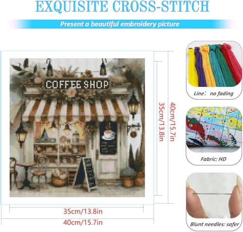 KYOQFVN Coffee Shop Cross Stitch Kits for Adults - House Embroidery Kits for Beginners Adults, 11 CT Patterns Dimensions Counted Cross Stitch Kits for Adults Arts Craft 14x14 inch - color: SZXCOFFEE-US