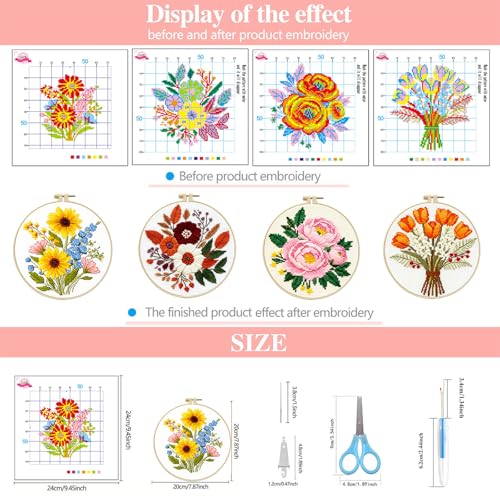 FEIYUENO 4 Pack Flower Pattern Embroidery Kit for Adults Beginner, Floral - color: Floral