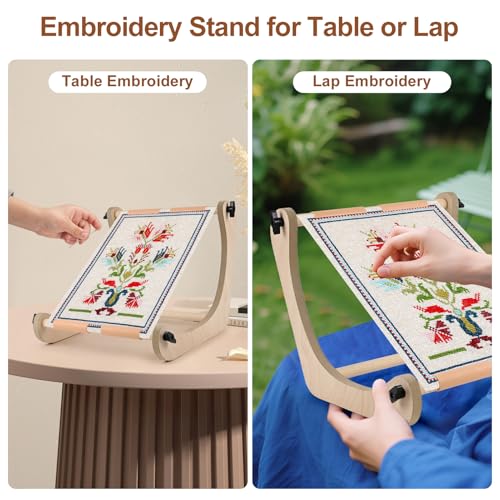 Embroidery Table Stand - Adjustable Cross Stitch Hoop Stand, Wood Embroidery Hoop Stand for Lap or Table, Cross Stitch Frame with 2 Sizes Rod