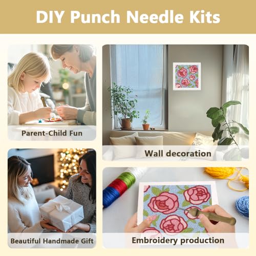 Doodlream Rose Flower DIY Punch Needle Embroidery Kit for Adult Beginner, 9.4" Floral Punch Stitching Craft Set for Starter with Frame, Fabric Pattern, Threader, Yarn, Pinch Needle - color: Rose