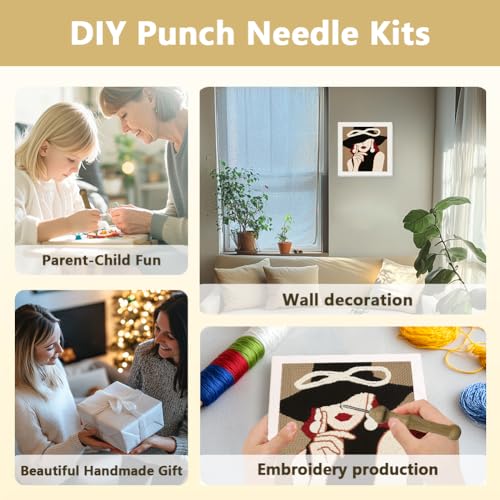 Doodlream Elegant Lady DIY Punch Needle Embroidery Kit for Adult Beginner, 9.4" Woman Wearing Hat Punch Stitching Craft Set for Starter with Frame, Fabric Pattern, Threader, Yarn, Pinch Needle - color: Elegant Lady