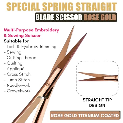 Cross Edge Spring Scissors 5 Inch straight Stainless Steel Precision Eyebrow & Eyelash Shaping & Trimming Scissor, Snips Squeeze, Embroidery, Knitting Micro Tip Craft Scissors (Rose Gold) - color: Cec-ss-08