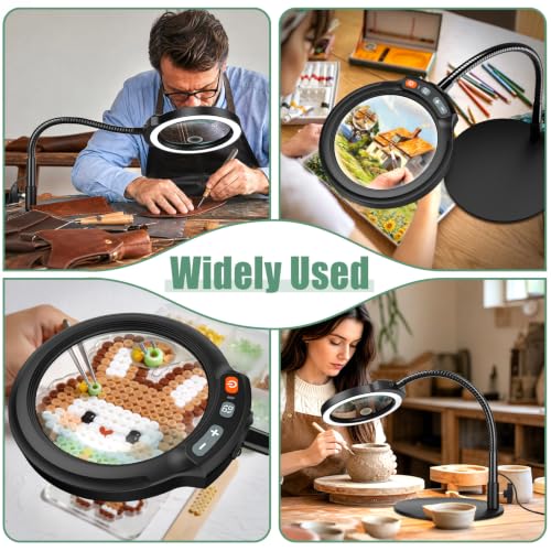30X 10X Large Magnifying Glass with Light and Stand, 5-Inch Optical Grade HD Lens, 5 Color Modes Stepless Dimmable LED Desk Lamp, Hands Free Gooseneck Lighted Magnifier for Craft Painting Close Work - color: Black