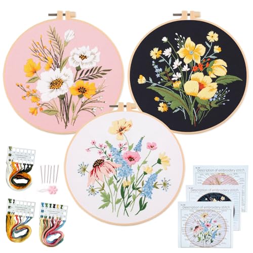 Silentsea 3 Embroidery Kits-Beginner Collection, Includes All Needed 3 Plastic Hoops, 3 Embroidery Fabrics with Patterns, Threads, Needles, and More. - color: multicolor-1