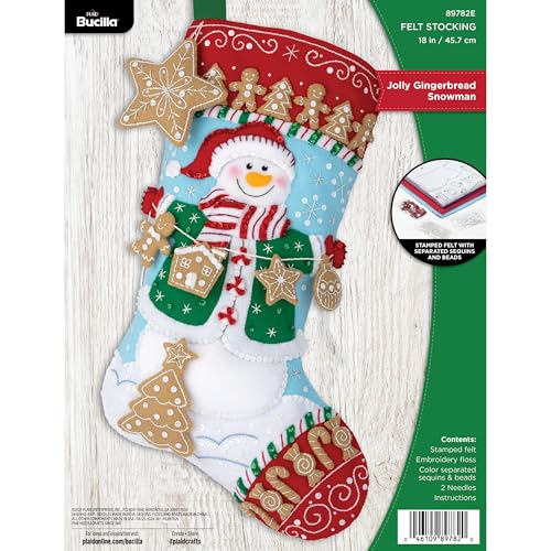 Bucilla Felt Applique 18" Stocking Making Kit, Jolly Gingerbread Snowman, Perfect for DIY Arts and Crafts Projects - style: Stocking