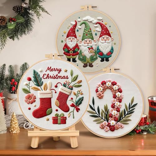 LB Cute Christmas Embroidery Kit for Beginners Adults, 3 Sets Hand Embroidery Starter Kit with Gnome Pattern and Instructions Stamped Cross Stitch Kits Include Embroidery Hoop Needles Threads Scissors - color: Green Pink