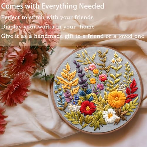 FONNUY Floral Embroidery Kit for Beginners, Colorful Flowers Pre-Stamped Pattern Kits for Adults with Hoop, Thread Needlework, 8'' Hoop (Daisy) - color: Daisy