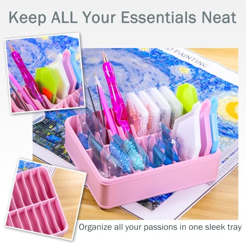 RaySoar 3D Printed 20 Grids Diamond Painting Bag Organizer, Multi Slot Drill Bags Storage Tray, Spill Proof Stand Upright Portable Desktop Craft Storage Caddy for Small Diamond Art Accessories -Pink - color: Pink