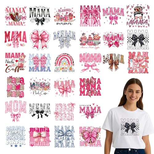 Dtf Transfers Ready to Press - 30Pcs Mother's Day Iron on Transfers for Tshirts, Mama Bow Iron on Decals Patches, Pink Coquettee Heat Transfer Stickers for Clothes Pillows Bag DIY Crafts - color: Mother's Day497