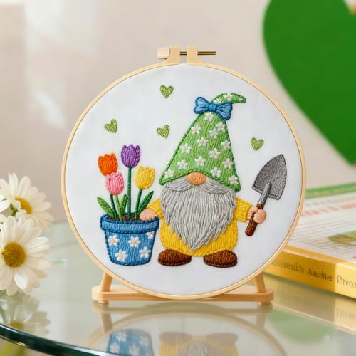 BEUNITONE 4 Set Gardener Gnome Embroidery Kit for Adult Beginners with Hoop - style: D-Dwarf