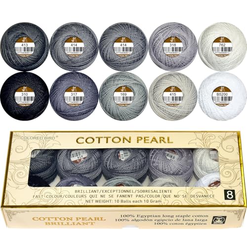 Double Mercerized Egyptian Long Staple Cotton Pearl Thread Ball 10 Grams Rainbow Color Embroidery Thread 10 Colors per Box for Crochet Hardanger Cross Stitch Hand Embroidery,Grey Series - color: grey series
