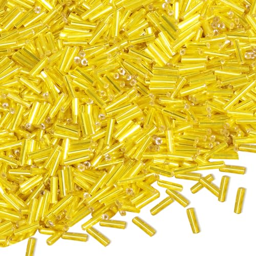 4000pcs Yellow Bugle Beads Bulk -Embroidery Beads,Long Tube Bead for Jewelry Making, Bracelet Necklaces Supplies,Craft DIY(7x2mm) - color: Yellow