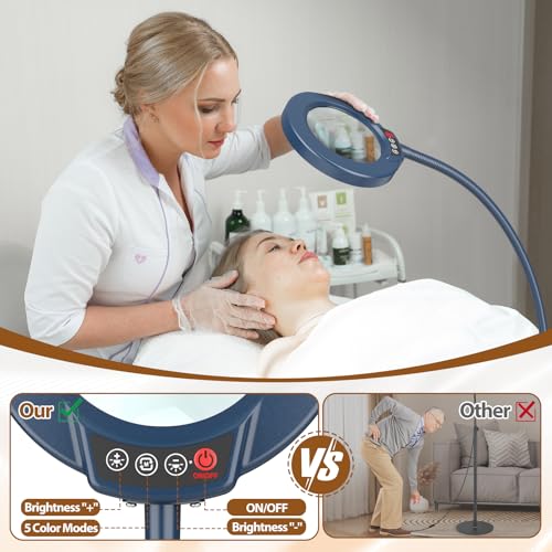 10X Magnifying Glass with Light and Stand, 24" Flexible Gooseneck Magnifying Floor Lamp, 3-in-1 LED 5 Color Modes Stepless Dimmable Lighted Magnifier Hands Free for Close Work, Reading - Blue - color: Blue