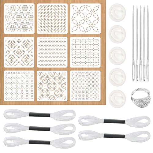 Sashiko Stencil Kit 4.7 x 4.7 Inch Plastic Sashiko Kit with Sashiko-Thimble and Needles Quilting Stencils for Hand Quilting and Embroidery (25 Pcs)