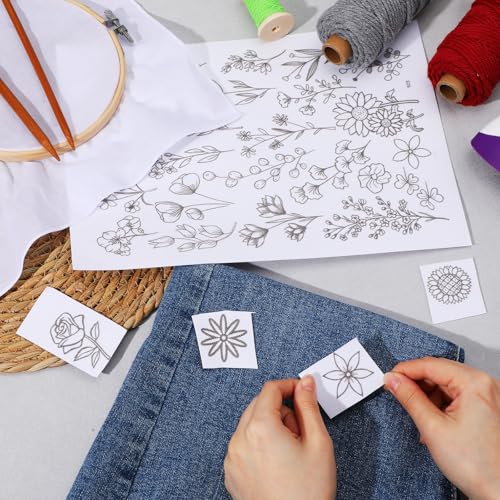 RAHHLIZS 50 PCS Water Soluble Embroidery Patterns, Stick and Stitch Embroidery Paper Wash Away, Pre-Printed Floral Transfer Paper Stabilizers for Hand Sewing Beginners Adults