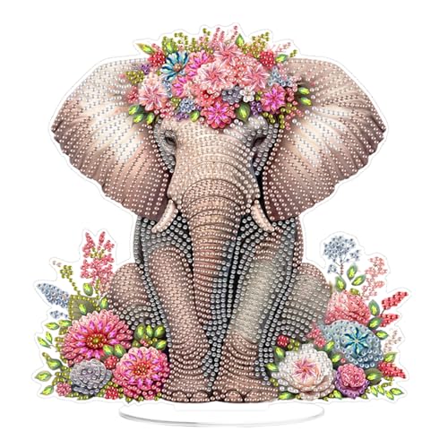 POETRYDRAW DIY Diamond Art Ornament Desktop Kit Elephant, Stand Up Acrylic Diamonds Painting Ornament for Adults, 5D Special Diamond Gem Craft Tabletop Placement Board Kit - color: Elephant Flower