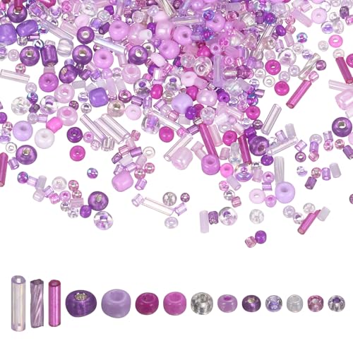 MECCANIXITY 5000 Pcs Mixed Glass Seed Beads, 1.5-6mm Mini Loose Glass Bugle Spacer Bead Embroidery Beads for DIY Craft Projects Earrings Necklaces Bracelets Jewelry Making, Purple - color: Purple