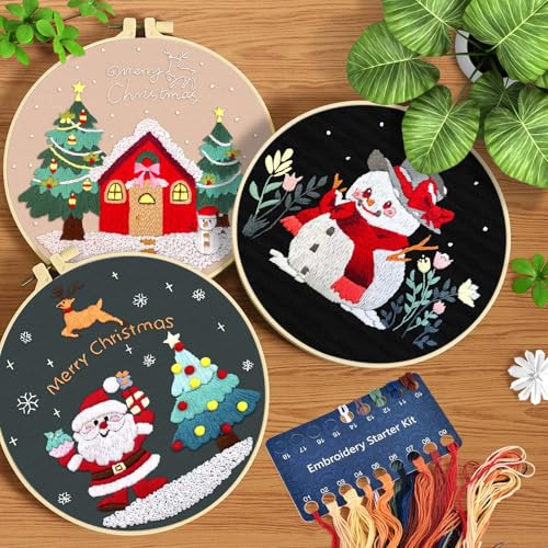 ERKOON 3 Sets Embroidery Kit for Beginners, Christmas Cross Stitch Set with Easy Pattern Embroidery Cloth Hoops Threads for Craft Lover Hand Stitch - color: 3pcs Christmas