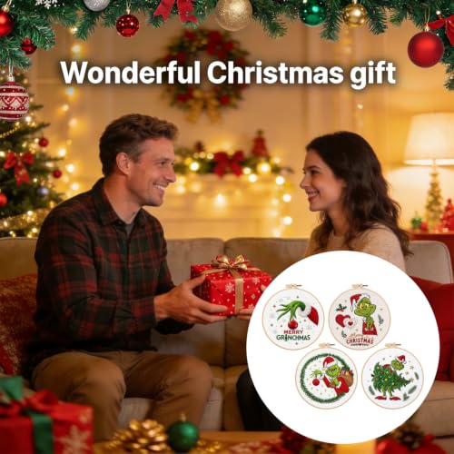 BBLYBD Christmas Embroidery Kit, 4 Set Embroidery Starter Kit, Cross Stitch Kits with Pre-Printed Embroidery Fabric, Hoops, Step-by-Step Instructions, Color Threads & Needles (Christmas02-4 Set) - color: Christmas02-4 Set
