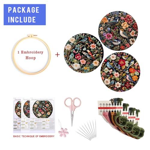 LB Red Floral Embroidery Kit for Beginners Adults, 3 Sets Hand Embroidery Starter Kit with Cute Bird Pattern and Instructions Stamped Cross Stitch Kits Include Embroidery Hoop Needles Threads Scissors - color: Red Blue