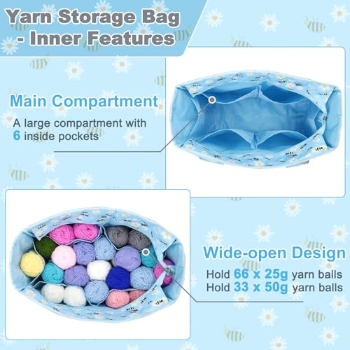Aeelike Yarn Storage Bag Organizer, Large Crochet Tote Bag, Blue Flower - color: Blue Floral
