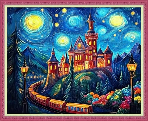 Disnesart Cross Stitch Stamped Full Embroidery Kits DIY 11CT Cotton Thread Printed DIY Needlepoint Kits Craft Needlework Set Cross-Stitch Stamped Sets-Van Gogh Starry Sky Castle 16x20 inch - color: Stylepattern04