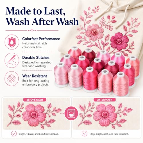 Simthread 15-Color Polyester Machine Embroidery Thread Set, Pink Series - color: 15pink colors