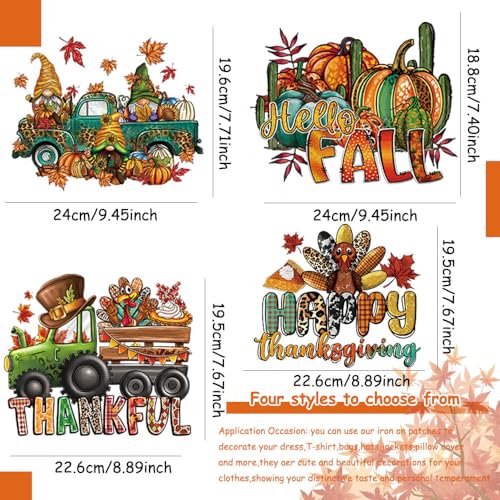 Fall Iron on Patches for Clothes, 4 PCS Thanksgiving Day Heat Transfer Vinyl Decals Maple Leaf Turkey Pumpkin Dwarf Design Iron on Transfer Stickers Happy Thanksgiving HTV Vinyl Iron on Appliques - color: B