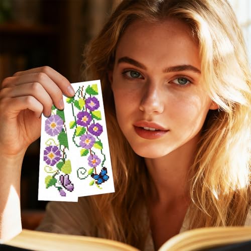 INFUNLY 6pcs Wisteria Floral Cross Stitch Bookmark Kit for Adults DIY Purple Vine Embroidery Bookmark Kits Butterfly Purple Flower Cross-Stitch Pre-Printed Bookmarks with Instructions for Book Lovers - style: Purple Flowers
