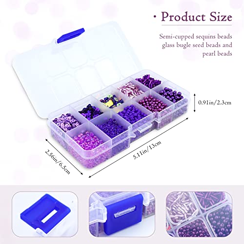 1 Box of Mixed Craft Beads Including Glass Bugle Seed Pearl Semi-Cupped Sequins Beads for DIY Arts Crafts Sewing Embroidery Clothing Jewelry Making (Purple, Assorted Size)