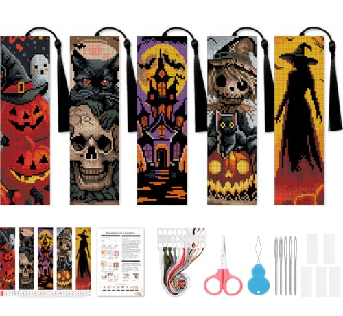 VIGEGU 5 Pack Halloween Cross Stitch Bookmark Kits for Adult Beginners - color: Halloween Cross-Stitch Bookmark - 2