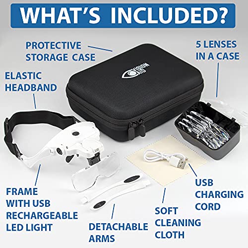 Vision Aid Magnifying Glasses with LED Light, 5 Lenses, Headband, Storage Case | Hands Free Lighted Head Mount Magnifier for Hobby Crafts Macular Degeneration Cross Stitch Diamond Painting Close Work - style: USB Rechargeable - Expert Set
