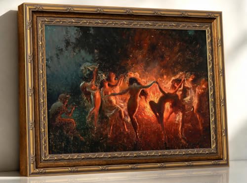 Vintage Gold Frame Fire Dance Wall Art, Gothic Canvas Painting Print for Dark Academia Decor, Moody Fantasy Ritual Picture for Living Room Bedroom Aesthetic, Occult Witchy Home Office Art 16x24 In - color: fire dance, size: 24"L x 16"W