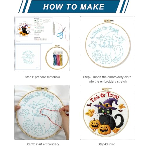 Zhenqing Halloween Black Cat Embroidery Kit for Beginners, Trick or Treat Witch Cat Needlework Kit with Pre-Printed Cotton Fabric, Hoop, Threads & Tools, Spooky DIY Decor (C0118) - style: Halloween Black Cat