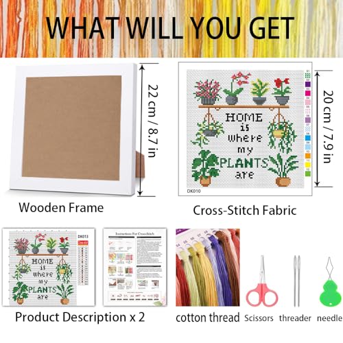 Plant Flower Stamped Cross Stitch Kits for Adult Beginner with Wooden Frame - color: Plant Home Cross Stitch with Fram