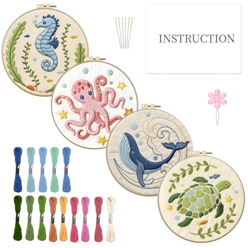 INFUNLY 4 Sets Embroidery Kit for Beginners with Sea Animals Pattern DIY Embroidery Kit for Adults Ocean Embroidery Art Kit Turtles/Seahorses/Octopuses/Whales Cross Stitch Kit with Embroidery Hoops - color: Sea Animal Kits
