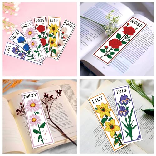 Zhenqing Floral Stamped Cross Stitch Bookmark Kit, 6 Iris Rose Daisy Lily Magnolia Designs for Adults and Beginners, Book Lover Gift - color: Floral Bookmark