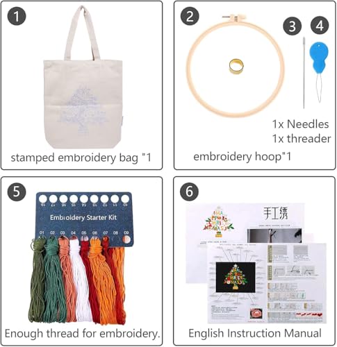 Canvas Tote Bag Embroidery Kit with Pattern for Beginners, Arts and DIY Embroidery Crafts Kits for Adults, Instructions, Thimble, Embroidery Hoops, Color Threads (Beige, CR002 Christmas Tree) - color: CR002 Christmas tree