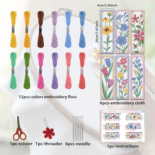 ORIGACH 6 Set Wildflower Floral Cross Stitch Bookmark Kit for Beginner - style: Sunflowers Tulip