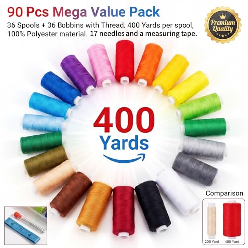 VIZOSHI Sewing Thread Kit with Prewound Bobbins, 90PCS 36 Colors Polyester Thread Set, 400 Yards per Spool, for Sewing Machine & Hand Sewing, Quilting, Embroidery, Repairs, DIY Crafts