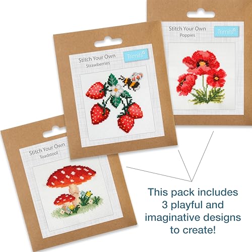 Trimits 3PK Cross Stitch Bundle – Counted Embroidery Kit, Beginner & All Level Starter Set, Complete with Instructions & Thread Children Wall Home DIY Décor – 13x13cm – Toadstool,Strawberries,Poppies - style: Toadstool,Strawberries,Poppies
