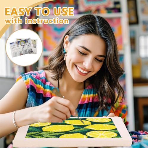 Doodlream Lemon DIY Punch Needle Embroidery Kit for Adult Beginner, 9.4" Lemon Punch Stitching Craft Set for Starter with Frame, Fabric Pattern, Threader, Yarn, Pinch Needle - color: Lemon