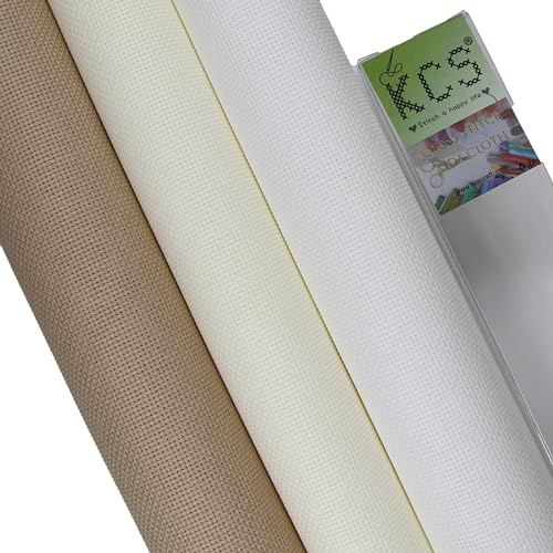 KCS 3 pc of 15" x 18" Counted Cross Stitch Cotton Aida Cloth Needlework Fabric (White+Antique White+Khaki, 16CT) - color: White+antique White+khaki, size: 16CT