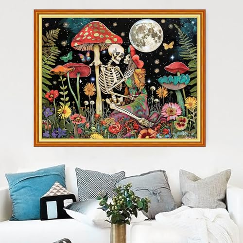 Magxvouy Cross Stitch Kits Stamped Full Range of Embroidery Kits,Cross Stitch Patterns Needlework Kits for Beginners 11CT Printed Kits&Skeleton Couple Mushroom 16x20 inch - color: Artcolor22