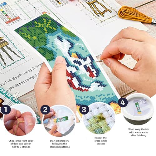 FREEBLOSS 6 Set Lotus Cross Stitch Bookmark Kit 8.66''x3.15'' 11CT - style: Koi ponds