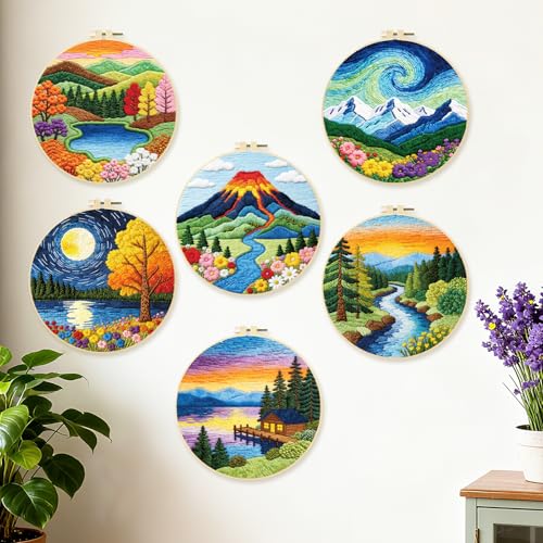 BEUNITONE 6 Pack Hand Embroidery Starter Kit for Adults with Pre-Print Scenery Pattern, Needlepoint Kits with Embroidery Hoop and Instructions, DIY Funny Craft Kits for Gifts and Home Decor - style: Scenery