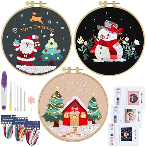 ERKOON 3 Sets Embroidery Kit for Beginners, Christmas Cross Stitch Set with Easy Pattern Embroidery Cloth Hoops Threads for Craft Lover Hand Stitch - color: 3pcs Christmas
